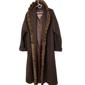 Vintage  Sz 16 Marvin Richards Brown Wool Coat Mink Trim Maxi Brown 7905
